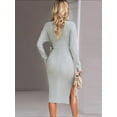 thumbnail image 5 of Women'S Long Sleeve Sweater Dress Side Split Bodycon Dresses Fall Midi Long Deep V Neck Fitted Spring Light Gray XL, 5 of 6