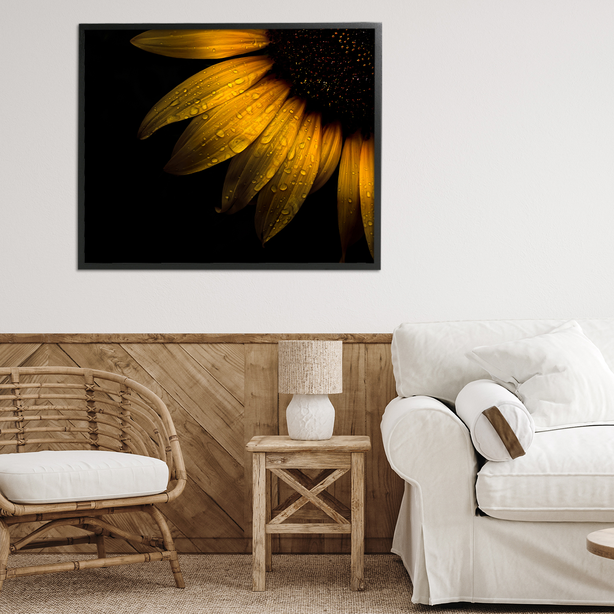Water Droplets on Sunflower Black Framed Giclee Art, design by Brian Carson Photography
