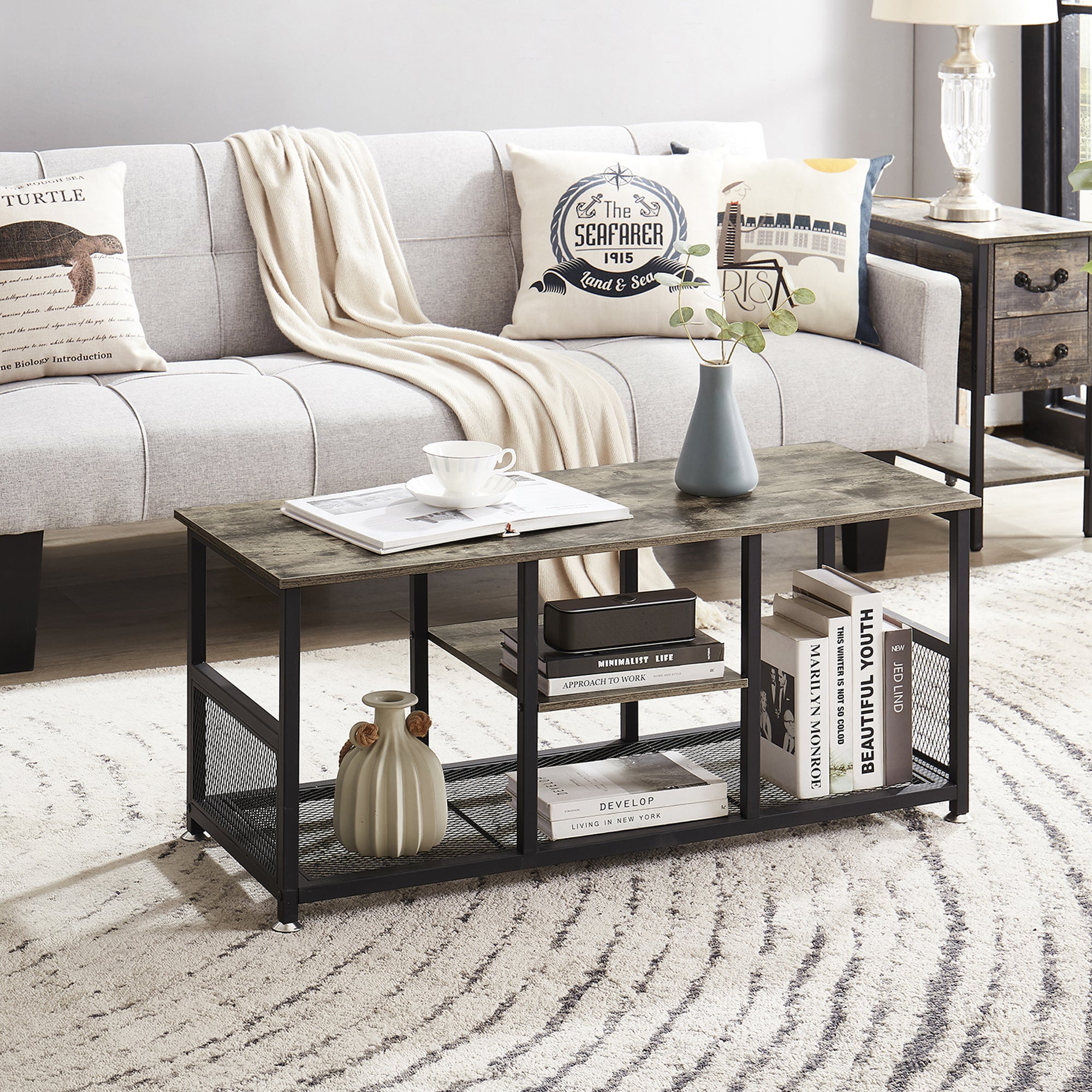 VECELO Rectangle Coffee Table with Storage Shelf for Living Room, Metal ...