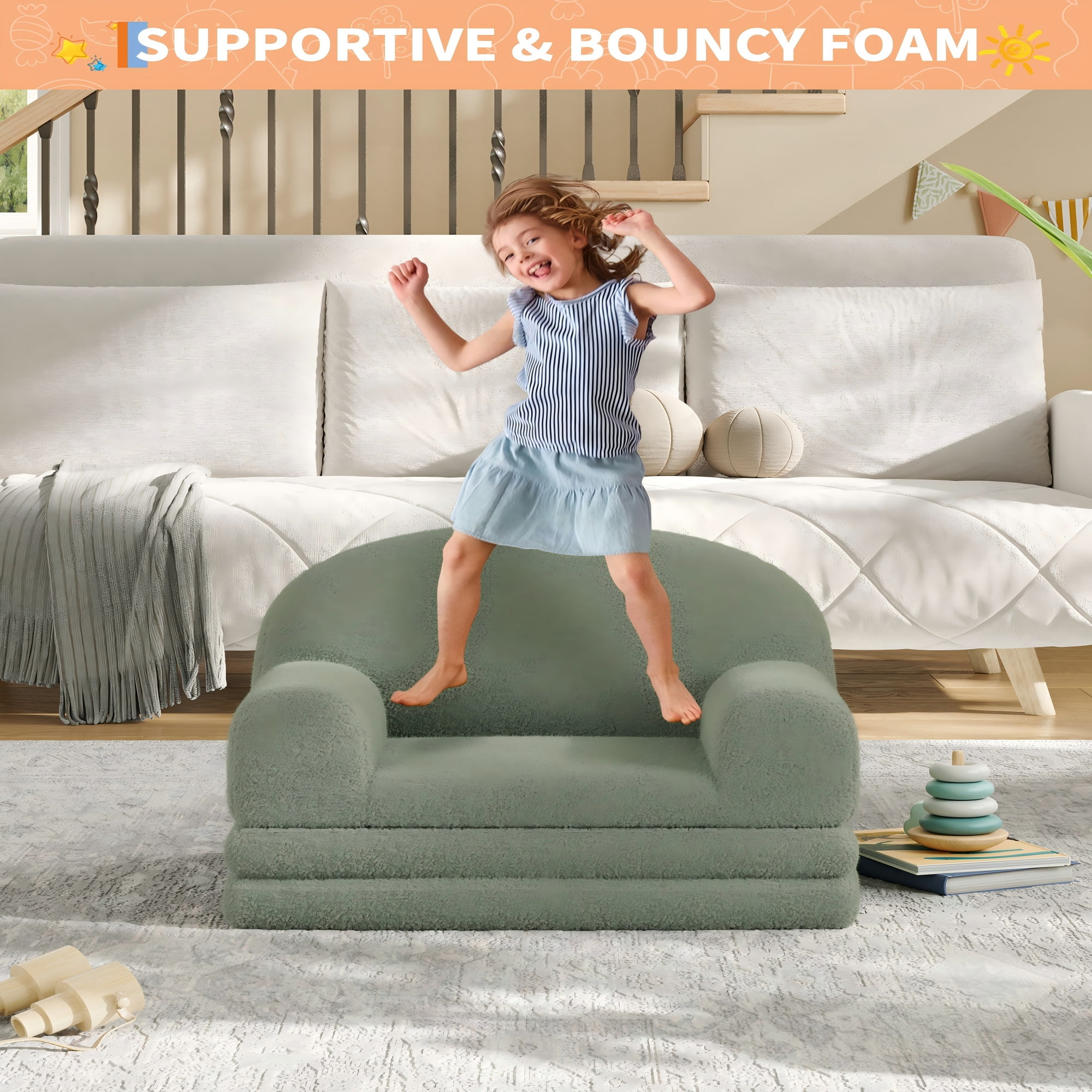 COZONY 2-in-1 Kids Sofa Chair, Convertible Toddler Couch Lounger, Fold-Out Teddy Fleece Sofa Bed