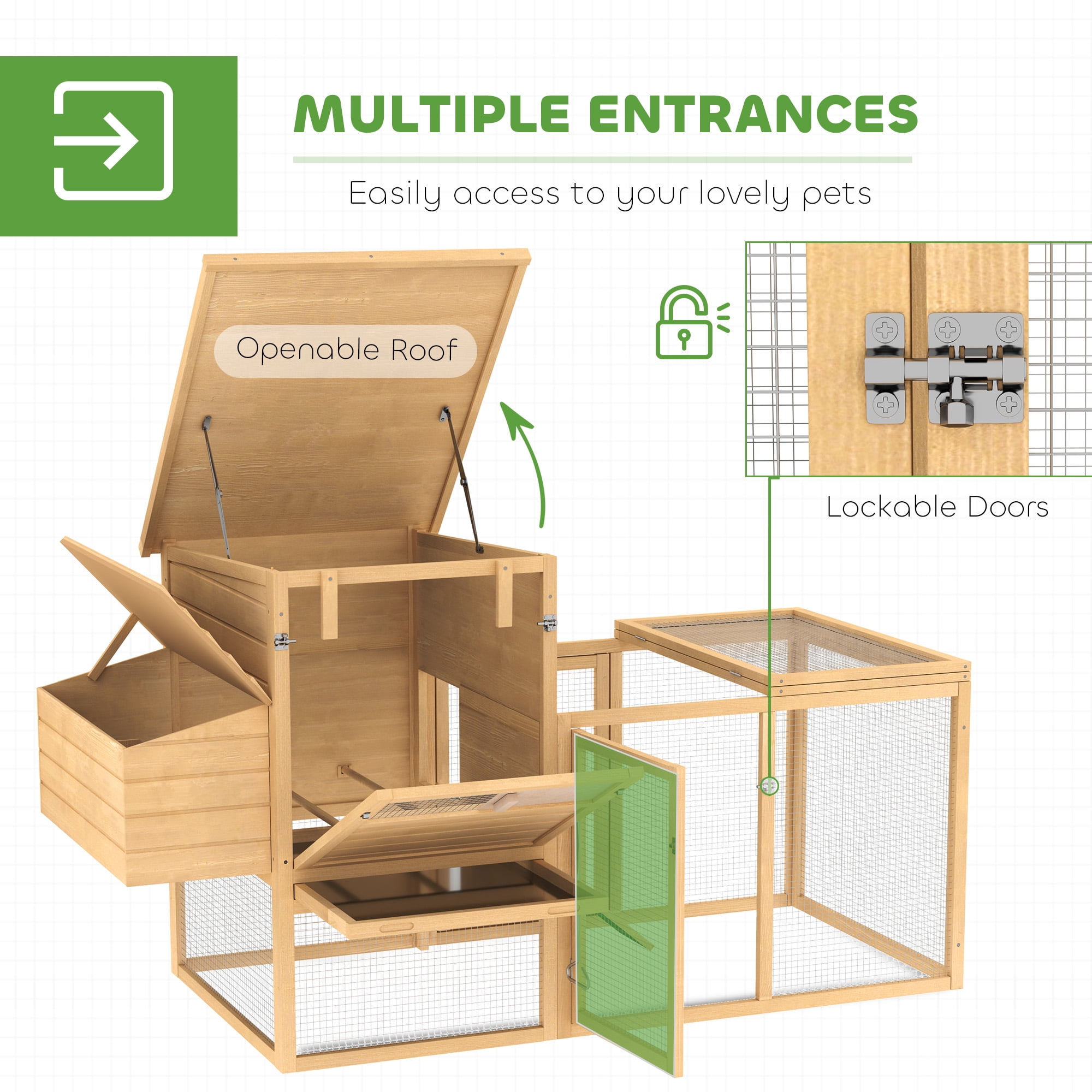 Wooden Chicken Coop with Nesting Box, Removable Tray, Ramp Run, Natural Wood