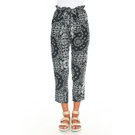 Gemans Women's Tropical/Paisley Print Capri Trouser Pants Elastic Self Tie Waistband Two Pockets Black Paisley