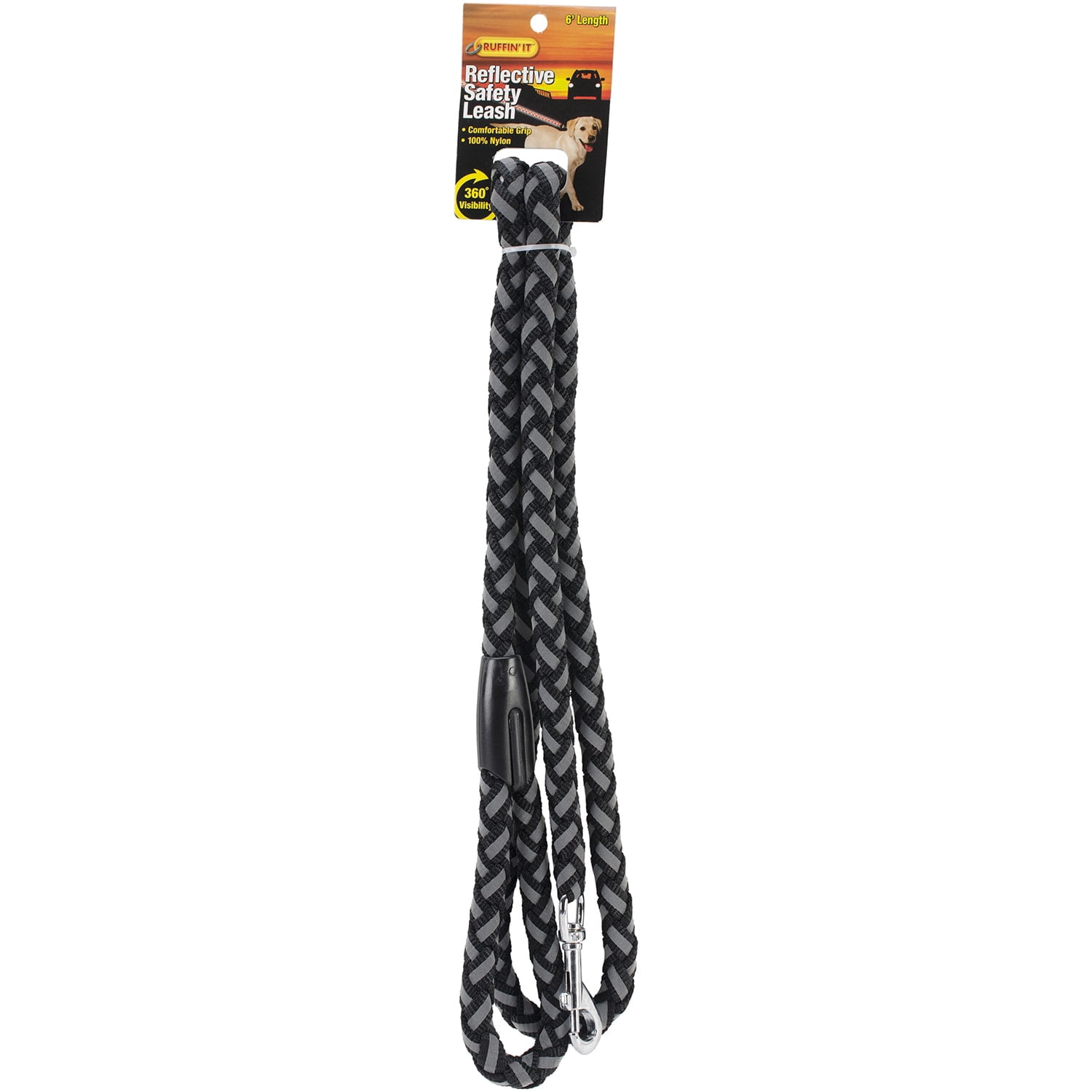 Ruffin' It Braided Reflective Dog Leash - Black, 5/8x6 ft - Durable and Stylish Leash for Safety and Visibility