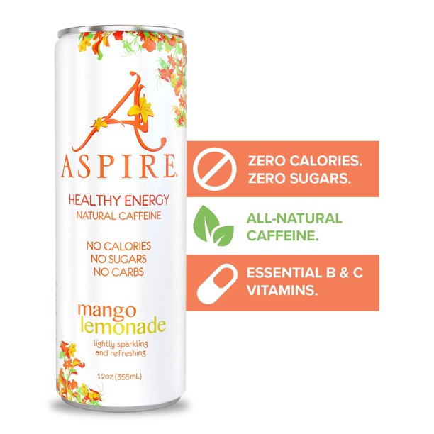 ASPIRE Healthy Energy Drink – Mango Lemonade, 12 Pack – Zero Sugar