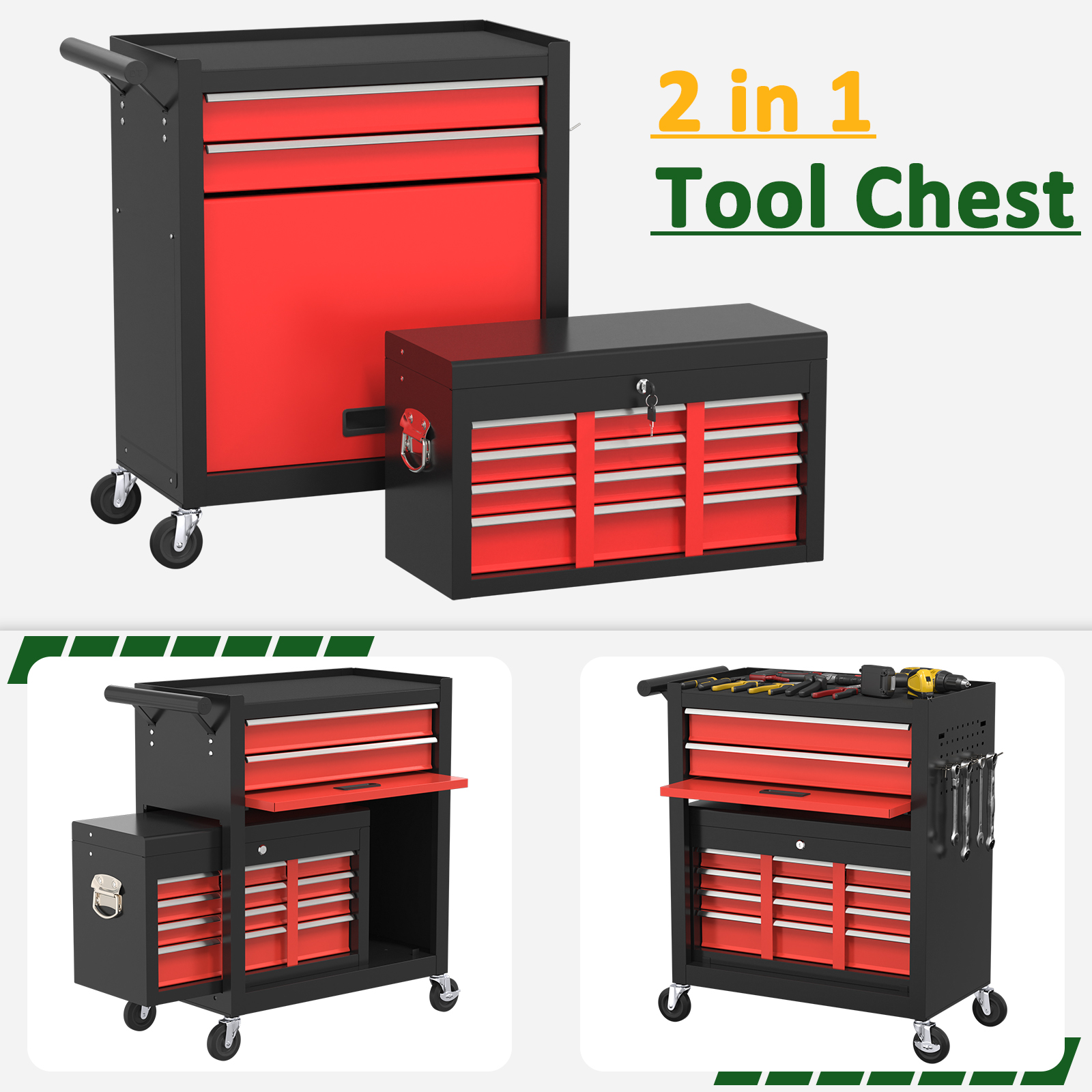 Odaof 8 Drawer Mechanic Tool Chest with Wheels Heavy Duty Rolling Tool Box Cabinet with Riser Sliding Drawers Keyed Locking System Top Detachable Toolbox Organizer for Workshop-Black&Red