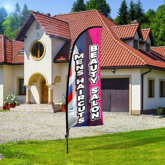 QSUM Men Haircuts Themed Feather Flag, 7FT Beauty Salon Advertising Swooper Flag, Vivid Color and Fade Proof Barber Shop Business Signs