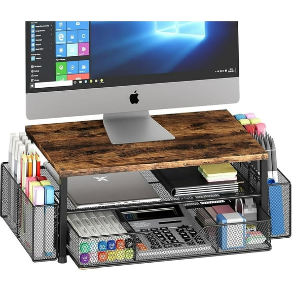Sparklane - Desk Organizers and Accessories, 2-Tier Computer Monitor Stand Riser with Drawer and 2 Pen Holders, Laptop Stand, Office Desk Accessories for Office Supplies, Brown