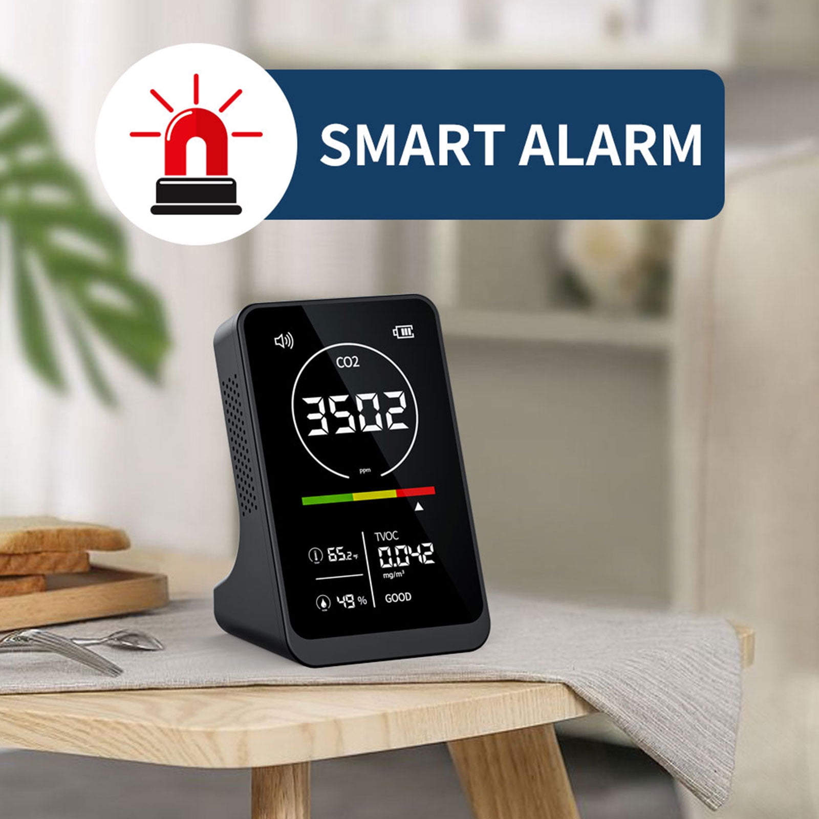 Carbon Dioxide Detector Indoor CO2 Tester with Temperature Humidity TVOC Detection Digital Air Quality Meter with Alarm