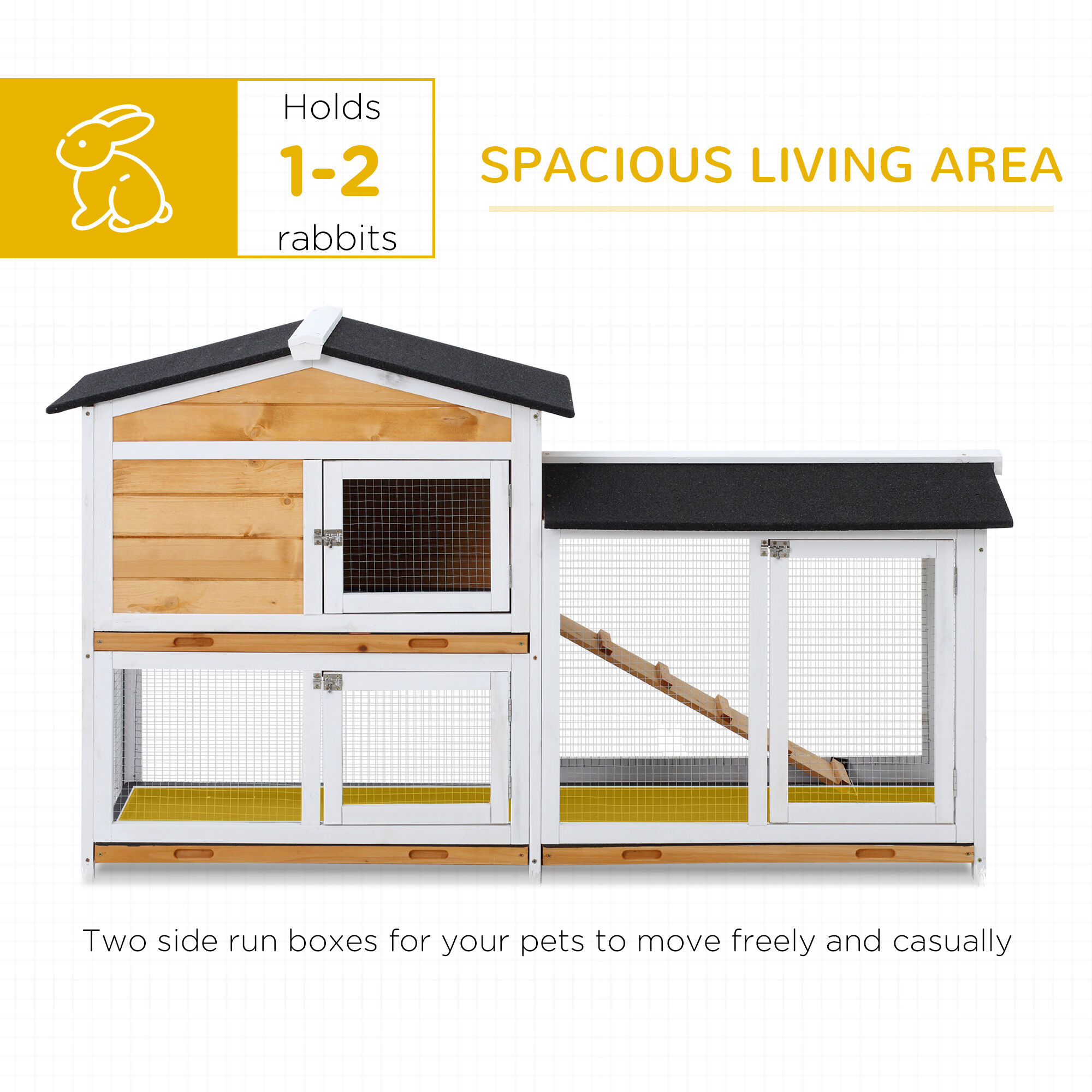 Dog Crate, PawHut 2-Story Rabbit Hutch Wooden Bunny Hutch Cage Small Animal House with Ramp, No Leak Tray, Weatherproof Roof and Outdoor Run, Indoor/Outdoor, Yellow, Yellow Pet Playpen,Chicken Coop