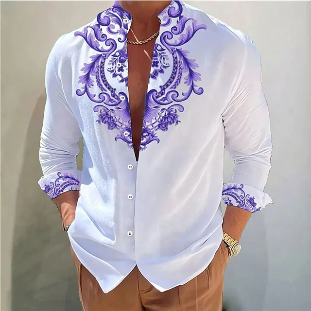 Camisa de hombre con estampado floral 3D HD, cuello alto, rosa dorada, camisa de calle de manga larga para exteriores, talla grande XS-6XL