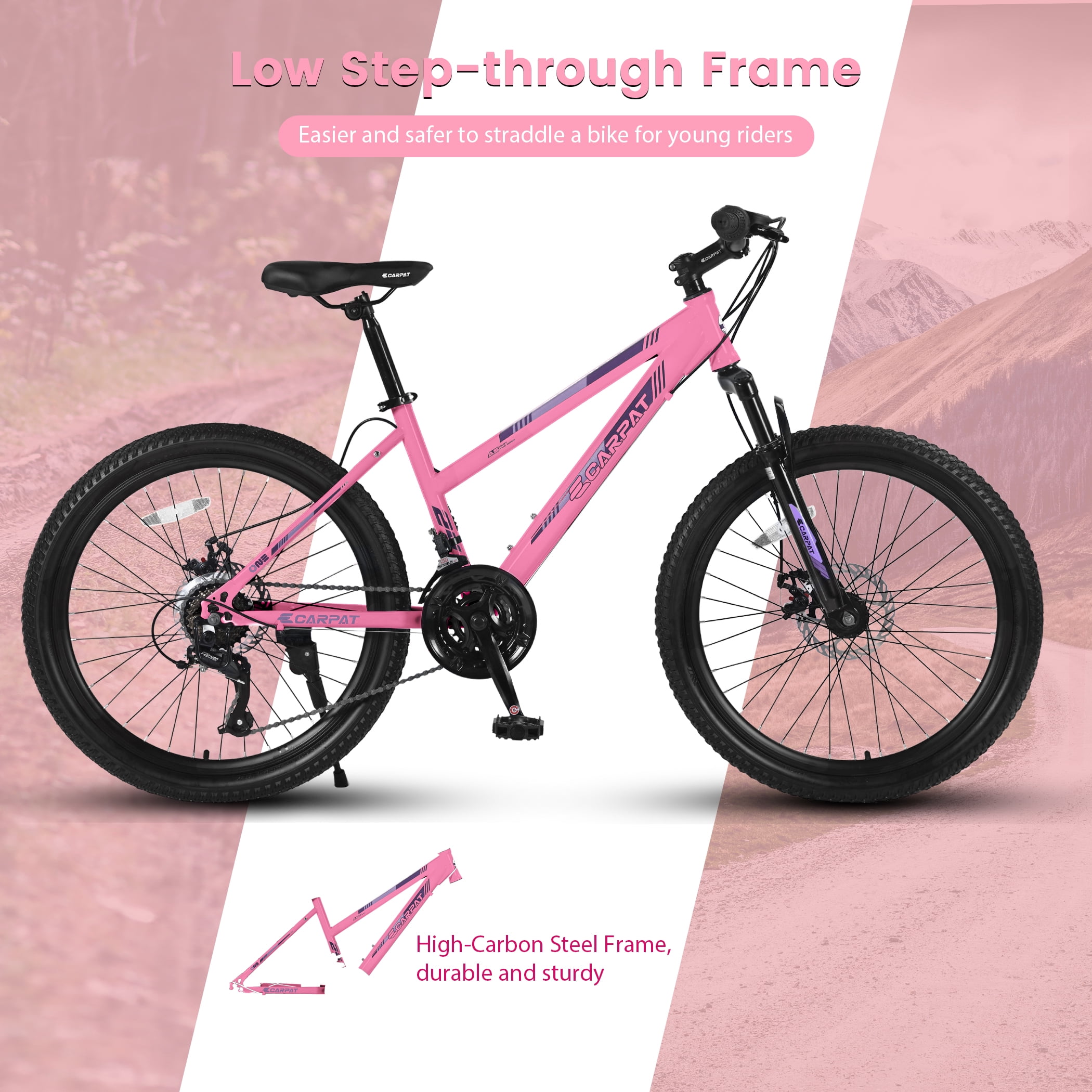 24 inch Girls Women Mountain Bike, 21 Speeds Mountain Bicycle with Steel Frame, Dual Disc Brakes and 100mm Front Suspension, MTB Bike for Urban Trail Snow Commuter, Pink