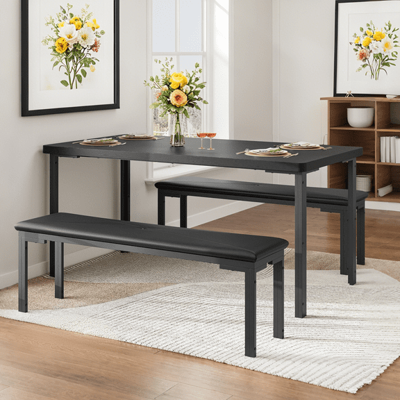 Accreate 43.3” Kitchen Table Set with 2 Benches, Metal Frame, Space-Saving Dining Set