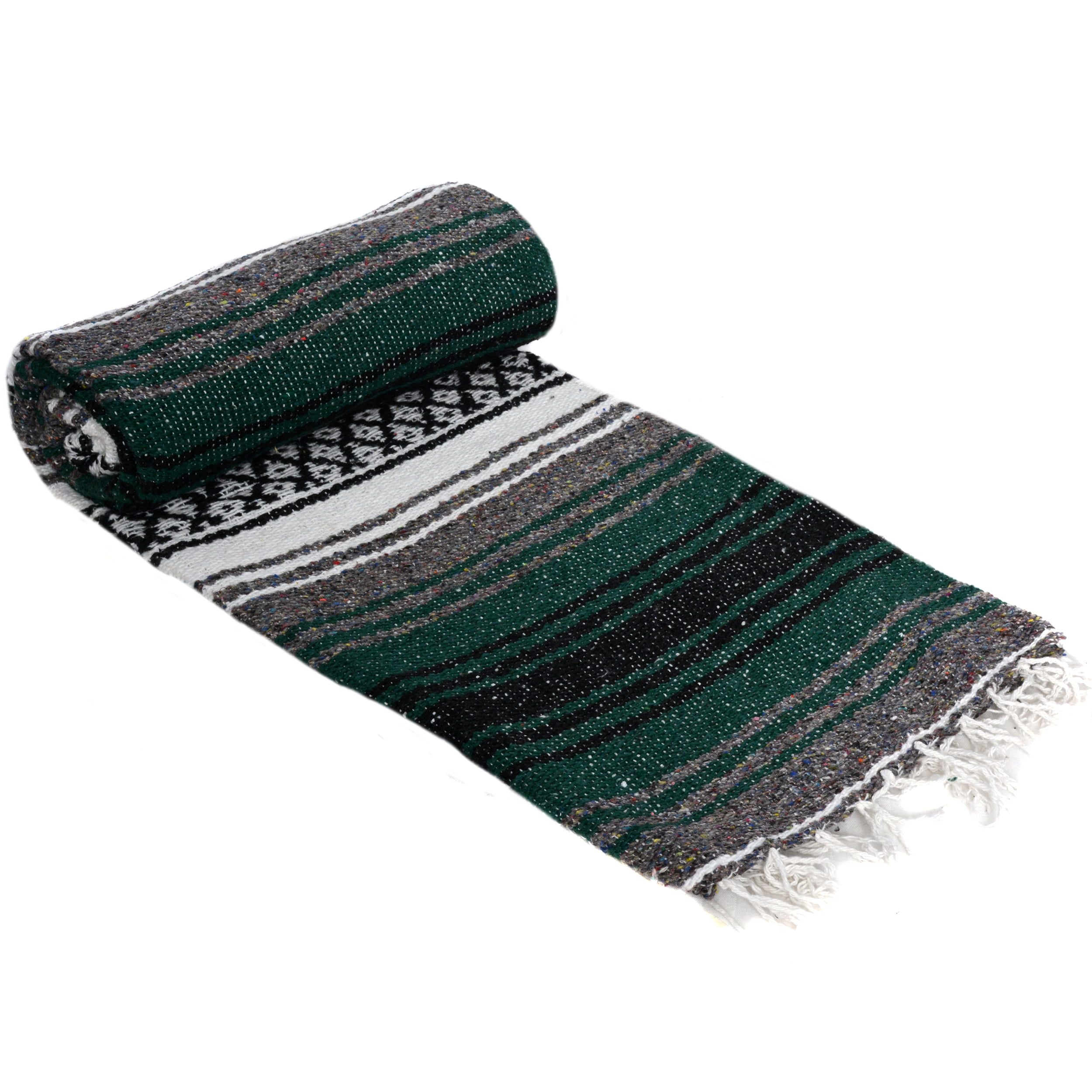La Montana 4 Pack Mexican Blankets, 74" x 50" Yoga Blankets, Forest Green/Charcoal/White