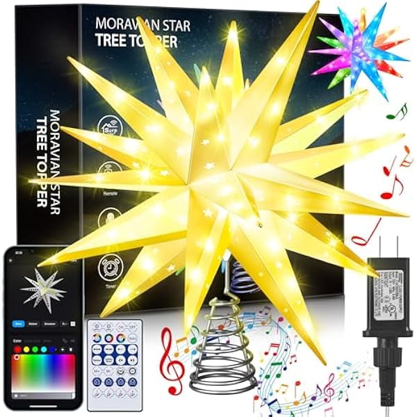 wonima02 Smart 20" Christmas Star Tree Topper with Lights - 72 LED 3D Foldable Stars Shell 16 Million Colors Advanced App Control Music Sync with Remote Indoor Outdoor Decoration (Hollow Star)
