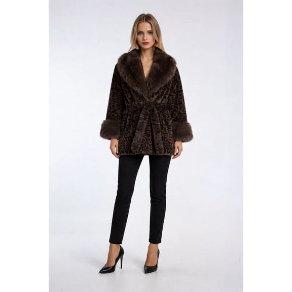 Forever 21 Leopard Print Tie-Waist Faux Fur Jacket, Color-Brown/Multi, Size-S