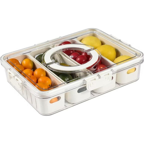 1Pcs Divided Serving Tray with Lid and Handle - Portable Snackle Box Charcuterie Container, Clear Snack Platter Organizer for Fruits, Candy, Nuts, Entertaining, Party, Picnic, 4 Compartments