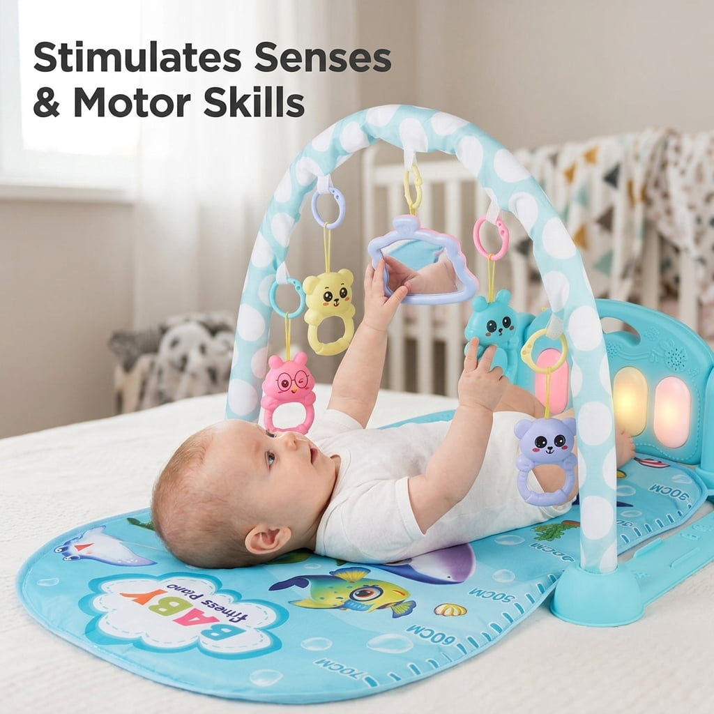 SIMANLI 3-in-1 Baby Play Mat and Activity Gym with Tummy Time & Kick & Play Piano for Infant, Blue