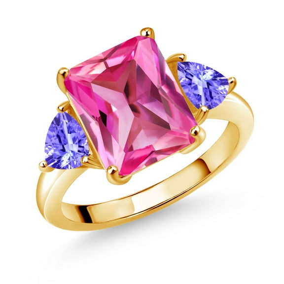 Gem Stone King 18K Yellow Gold Plated Silver Pink Created Sapphire and Blue Tanzanite 3-Stone Ring for Women | Gemstone Birthstone | 7.40 Cttw | Emerald Cut 12X10MM | Trillion 5X5MM| Size 6