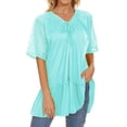 thumbnail image 3 of HUBERY Women Lace Up Crochet Cutout Spliced Pleated V Neck Short Sleeve Top, 3 of 4