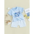 thumbnail image 3 of Suealasg Kids Baby Boys Summer Outfits 6M 1T 2T 3T Short Sleeve Letter Print T-Shirts Tops Elastic Waist Checkerboard Shorts 2Pcs Causal Beach Vacation Clothes for Toddler Boys, 3 of 9
