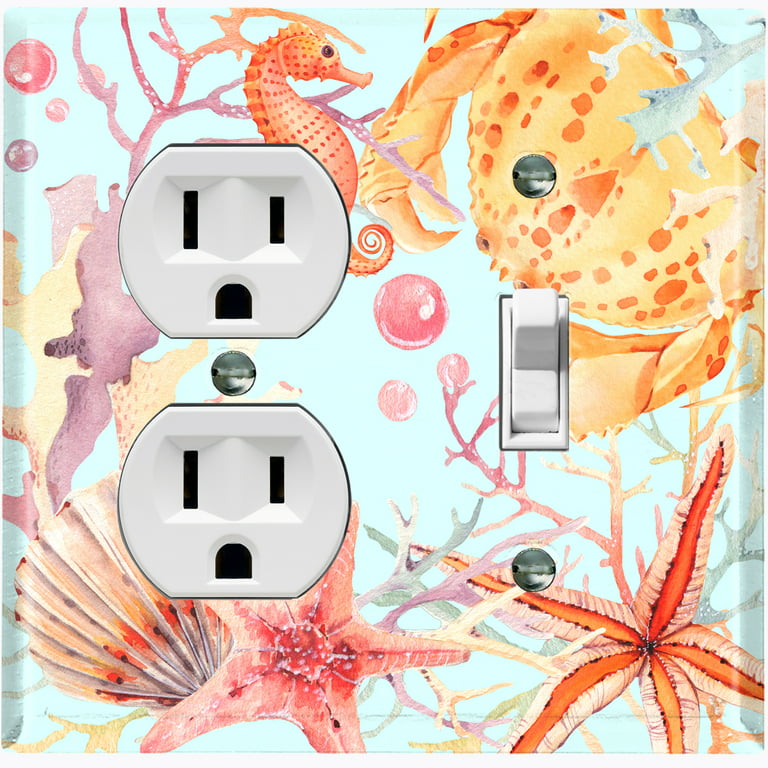 Metal Light Switch Wall Plate Outlet Cover (Ocean Star Fish Sea Shell Coral  Reef Clam Blue - Single Duplex Single Toggle)