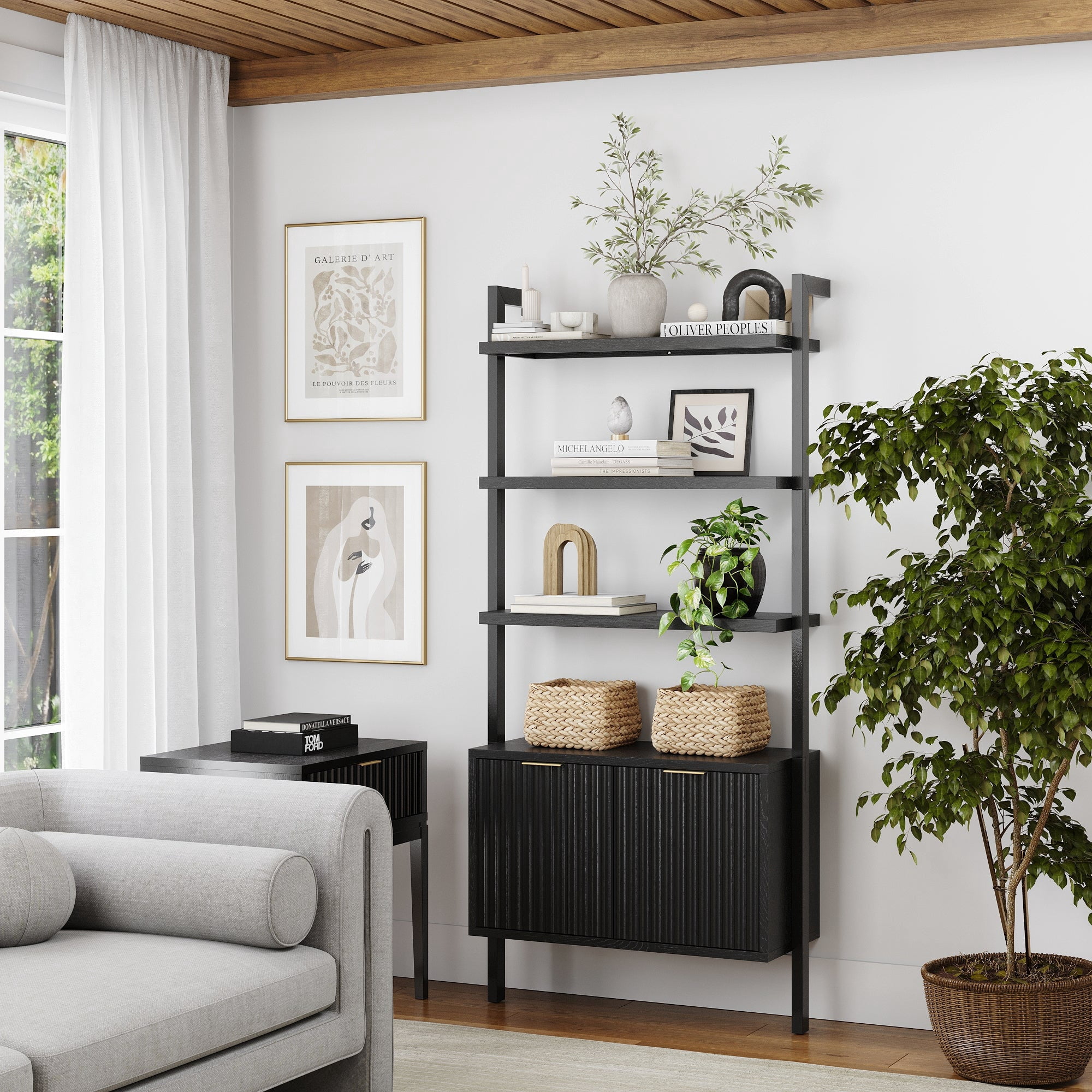 Nathan James Jasper 3-Shelf Solid Wood Boho Bookshelf, Wall Mounted Bookshelf with Cabinet with Fluted Doors, Black Oak