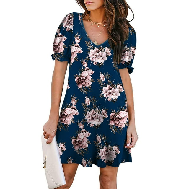 Puntoco Vestido De Manga Corta Con Cuello En V, Vestido Casual De Verano Con Estampado Floral Degradado Y Bolsillos Para Mujer, Color Azul Oscuro Xl