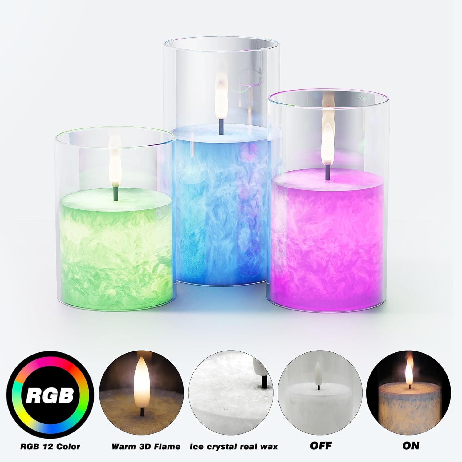 Ice Crystal Real Wax Glass Flameless Candles with Remote & Timer, Battery Operated Candles with Warm Flickering Flame, Realistic LED Candle for Wedding Home Decor [D3×H4/5"/6"] Gold, 3Pack