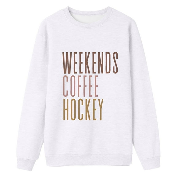 Arlun Weekends Coffee Sweatshirts for Women Retro Hockey Mom Pullovers Crewneck Comfort Colors Sweatshirts Loose Fit Long Sleeve 2025 Fall Winter Hoodless Tops White XL