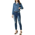thumbnail image 2 of INSPIRE CHIC Women's Notched Lapel Long Sleeves Asymmetric Zip Moto Denim Jacket M Blues, 2 of 6
