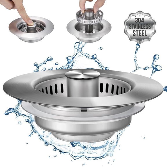 3-in-1 Kitchen Sink Drain Kit All-Metal SUS304 Strainer Stopper & Drain Assembly Rust-Free Stainless Steel for Efficient Water Flow