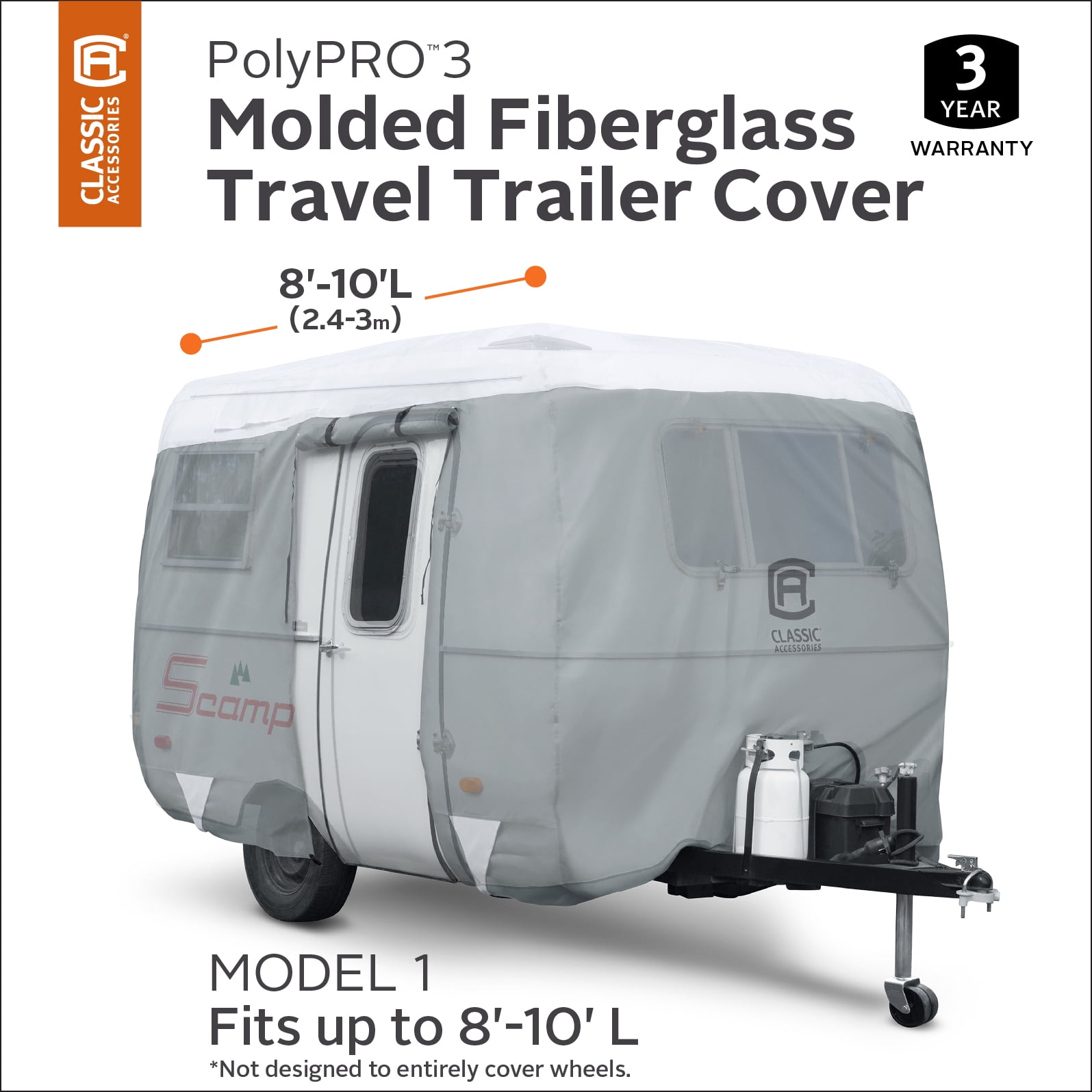 Classic Accessories OverDrive PolyPRO 3 Molded Fiberglass Travel Trailer Cover, Fits 8' - 10' Trailers - Max Weather Protection with 3-Ply Poly Fabric Roof RV Cover