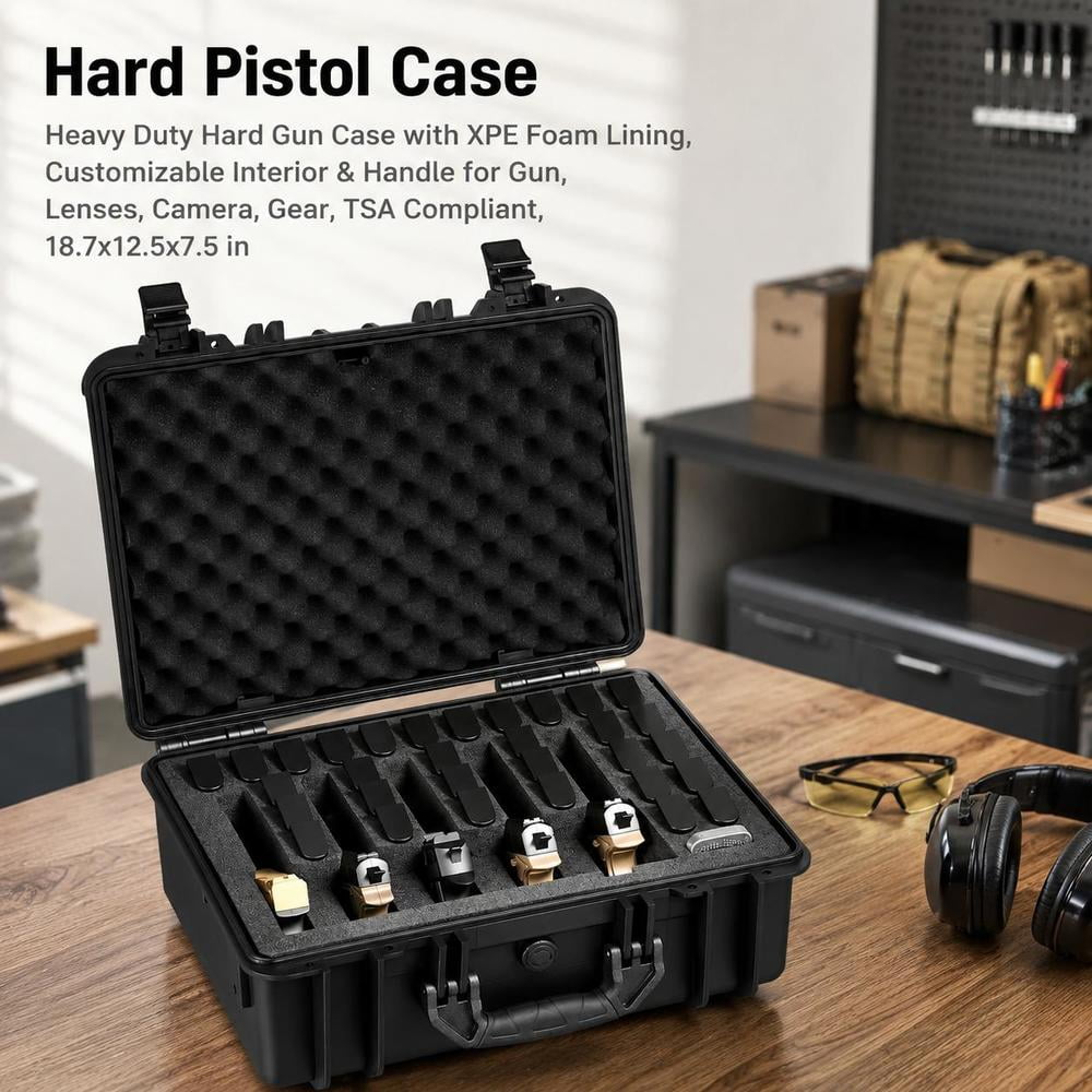 Hard Pistol Case Waterproof Gun Case Xpe Foam Storage Box Tsa Compliant 18.7 X 12.5 X 7.5 In