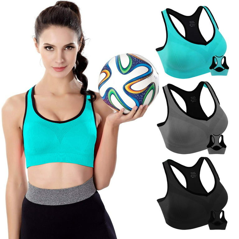 Womens Sports Bra ( XL Size ), 3 Pack Seamless Padded Racerback High Impact  Bra Support Yoga Bras Gym Running Workout, Blue, Gray, Black