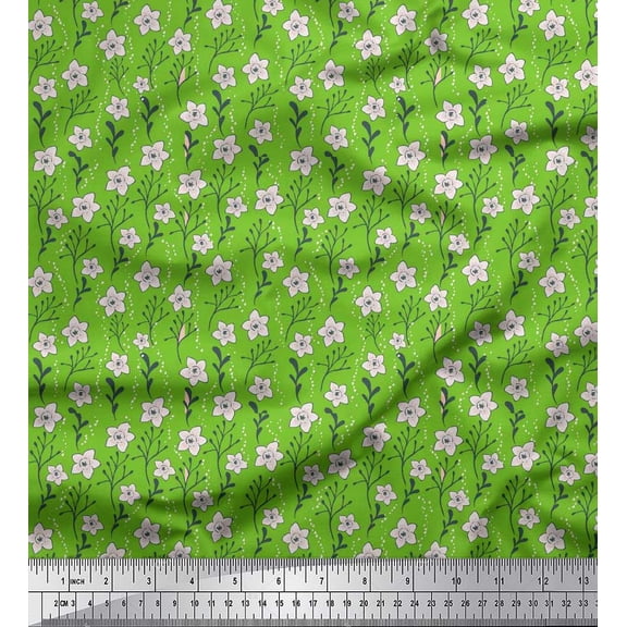 Soimoi Green Poly Georgette Fabric Leaves & Daffodil Floral Fabric Prints By Yard 42 Inch Wide