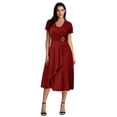 thumbnail image 5 of Vestido de fiesta midi ajustado con cintura asimétrica y escote en V y manga corta para mujer de talla grande, 5 of 5