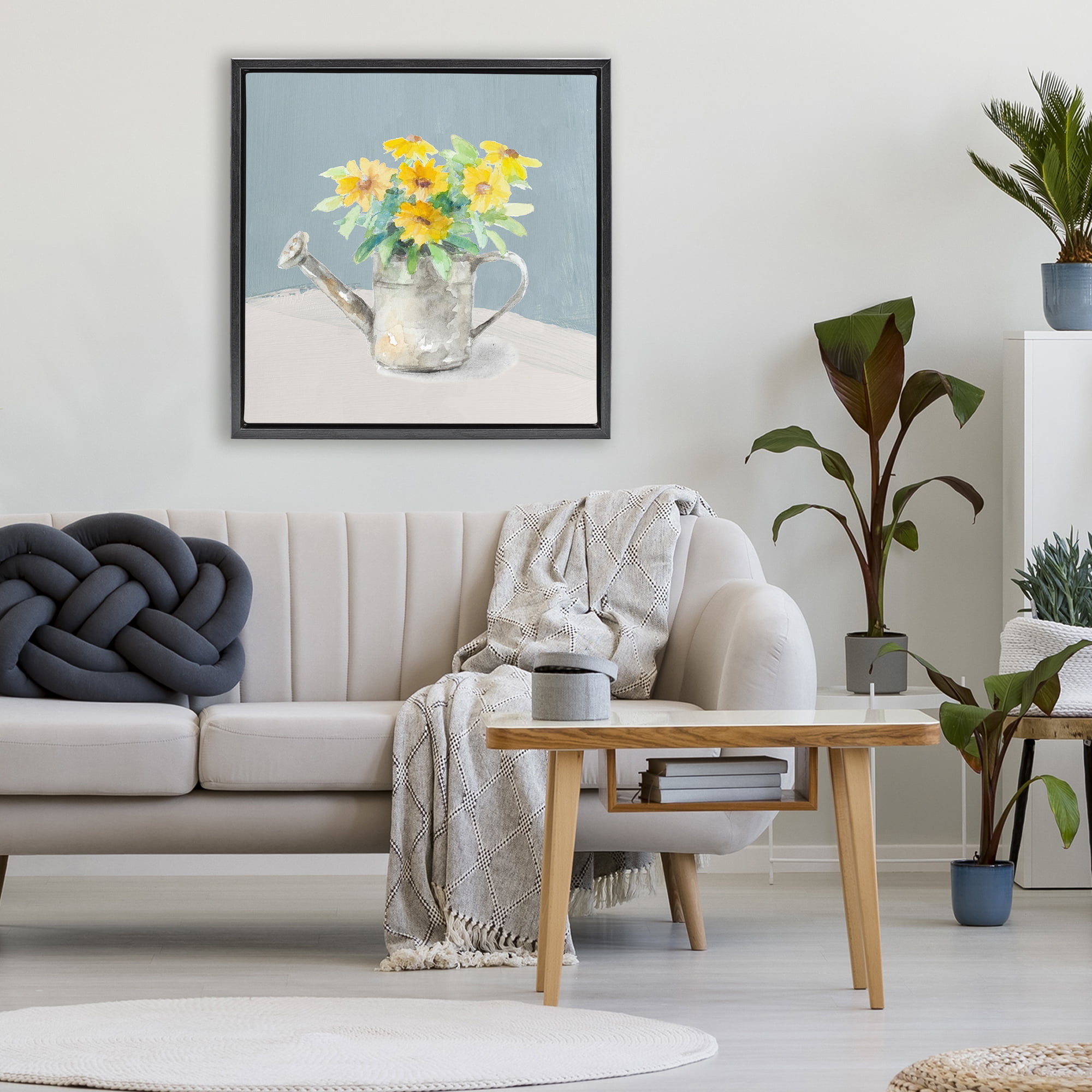 Stupell Industries Daisies in Watering Can Black Framed Floater Canvas Wall Art, design by Lanie Loreth
