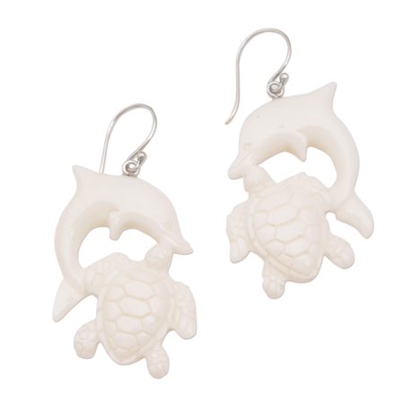 NOVICA Bone dangle earrings, 'Friends Among the Waves'