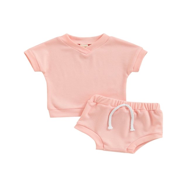 Ensemble d'Été pour Bébé Couleur Unie Col en V Manches Courtes Hauts Shorts