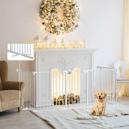 Dog Gate 27.5"-129" Extra-Wide Playpen, Freestanding Pet Gate, Puppy Fence with Auto-Close Door, Double Locking System for Fireplace, Foldable (White, 5 Panels)