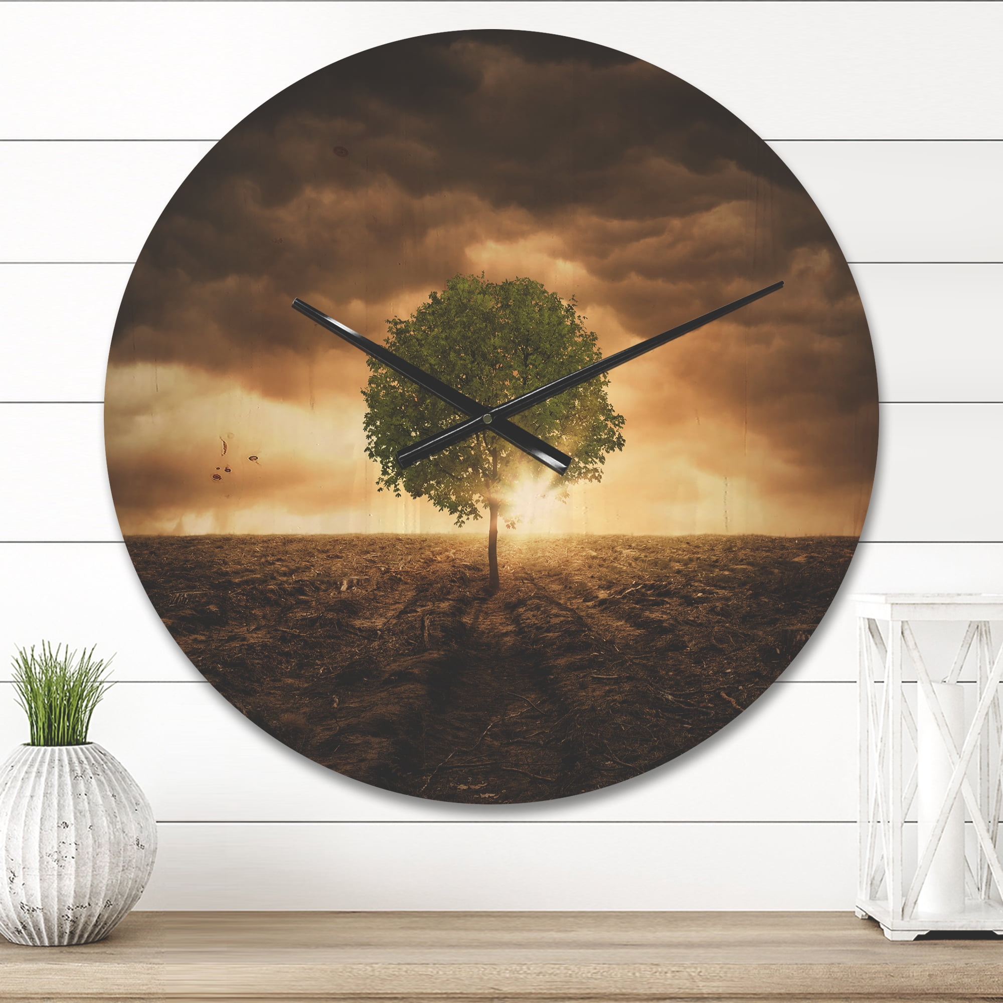 Designart 'Lonely Tree under Dramatic Sky at Evening Glow' Modern Wood Wall Clock