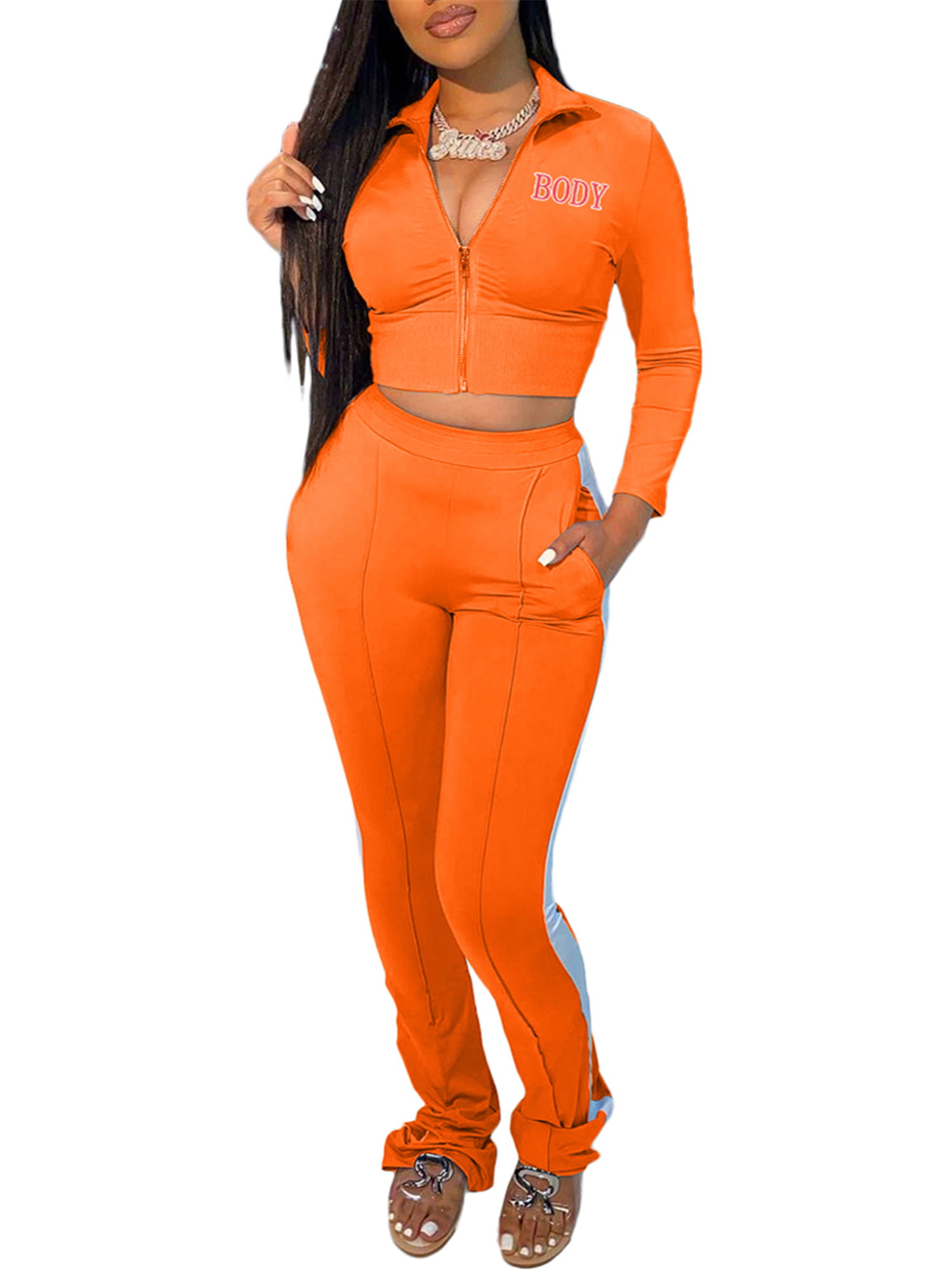 Women/'s Fashion 2 Piece Jogging Sets Solid Color Letter Printing Long Sleeve Top Bodycon Pants Suit