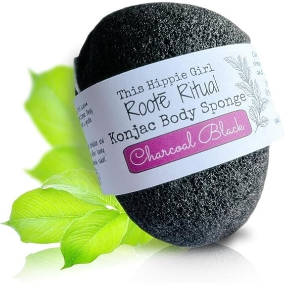Roote Ritual 100% Natural Konjac Body Sponge – Gentle Exfoliating Shower loafah for Sensitive Skin – Charcoal Black – Vegan, Biodegradable, Deep Cleansing for Face & Body – For Men & Women
