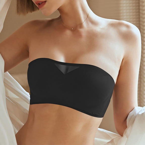 Amidoa Seamless Bras for Women Black Push-up Strapless Solid Bandeau Brasieres for Womens L