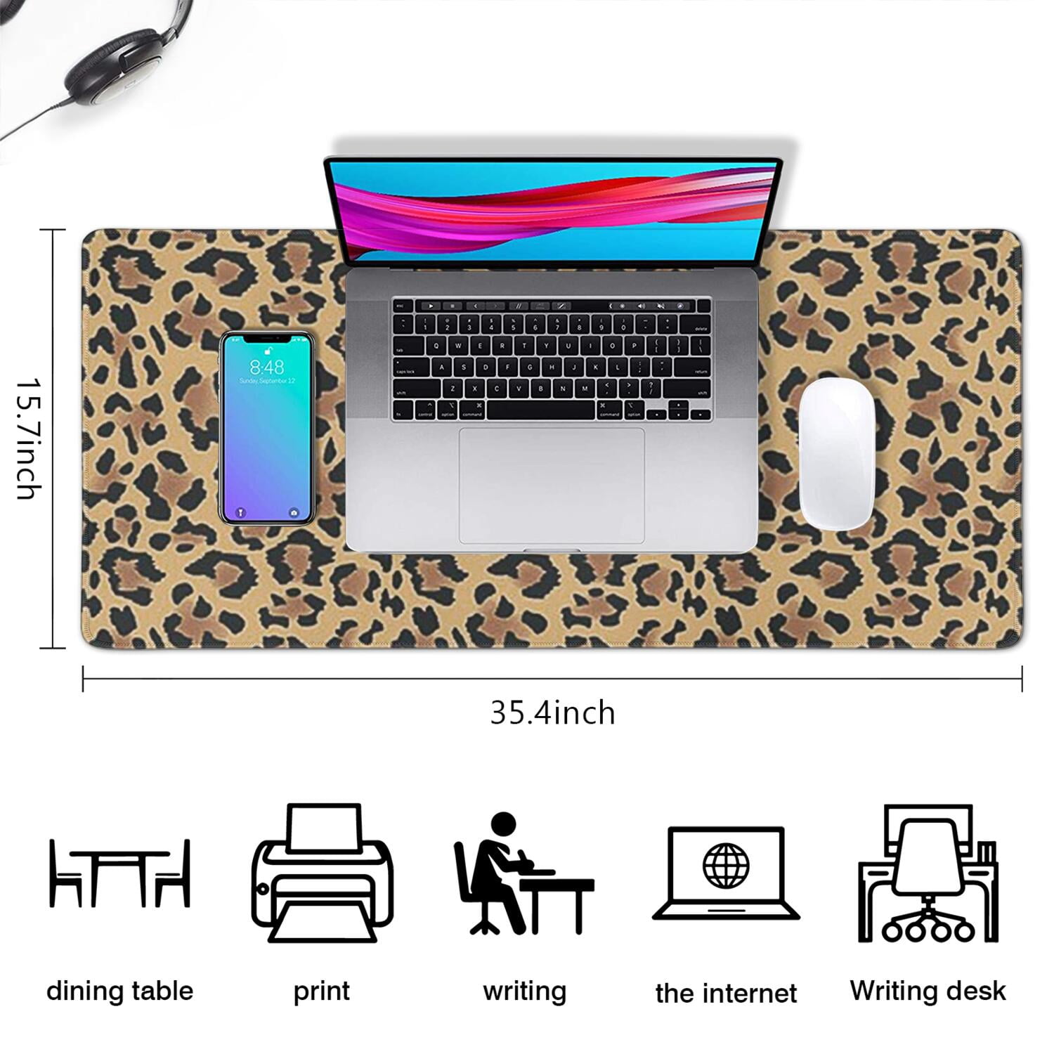 Long Mouse Pads for Desk,Brown and Black Leopard Print Desk Mats on Top Of Desks, Desk Mouse Pad Extra Large with 3mm Non-Slip Base and Stitched Edge for Gaming,Office,Work,Home 35.4"x15.7"