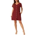 thumbnail image 1 of Pijamas cortos de manga corta para mujer INSPIRE CHIC con cuello en V y decoración de botones, ropa de dormir de longitud media, bata de noche XS roja, 1 of 6
