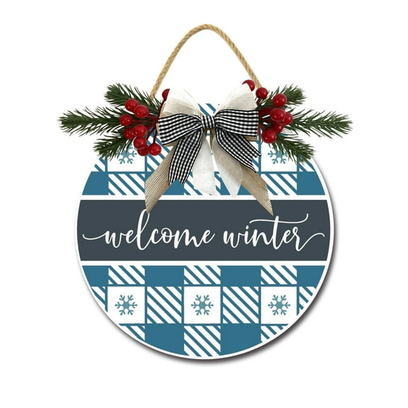 Welcome Winter Door Sign Home Decor Round Wood Wreaths Wall Hanging Sign Farmhouse Porch Sign Front Door Decoration for Housewarming Gift All Seasons Holiday,12In