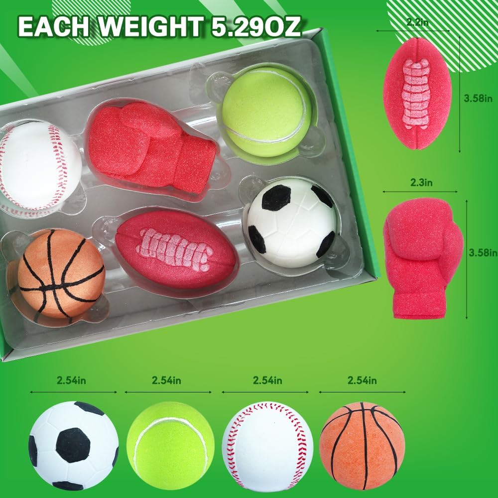 HZEX Large Organic Bath Bombs with 6 Different Sports Themes, 6 Various Bathbomb Scents for Men Boys Women Kids, Natural Paraben Free Bath bomb with Essential Oils
