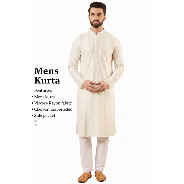 DWEEP SARA Viscose Rayon Solid Embroidered Straight Ethnic Off White Men Kurta, S