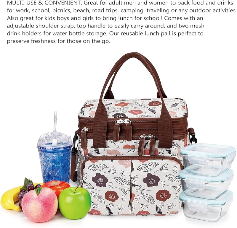 Lunch Bag Insulated Expandable Lunch Box for Women - Reusable Adults Floral Lunch Tote Bag Lunch Box for Office Work Picnic (Yellow Flower)